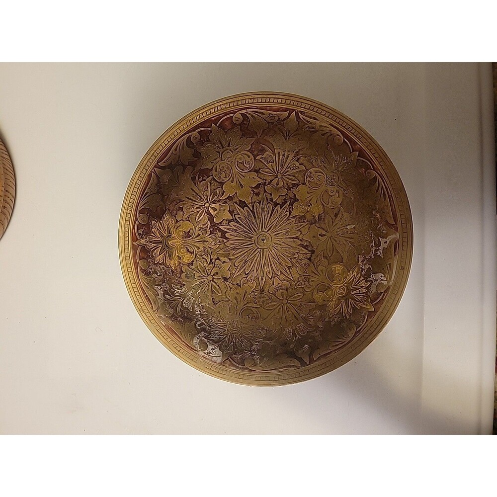 Beautiful Vtg Flower Floral Etched Solid Brass Trinket Bowl Decorative Pedastal